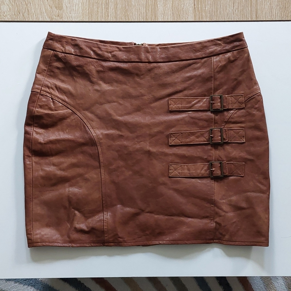 Brown Genuine Leather Mini Skirt with Buckle Accents